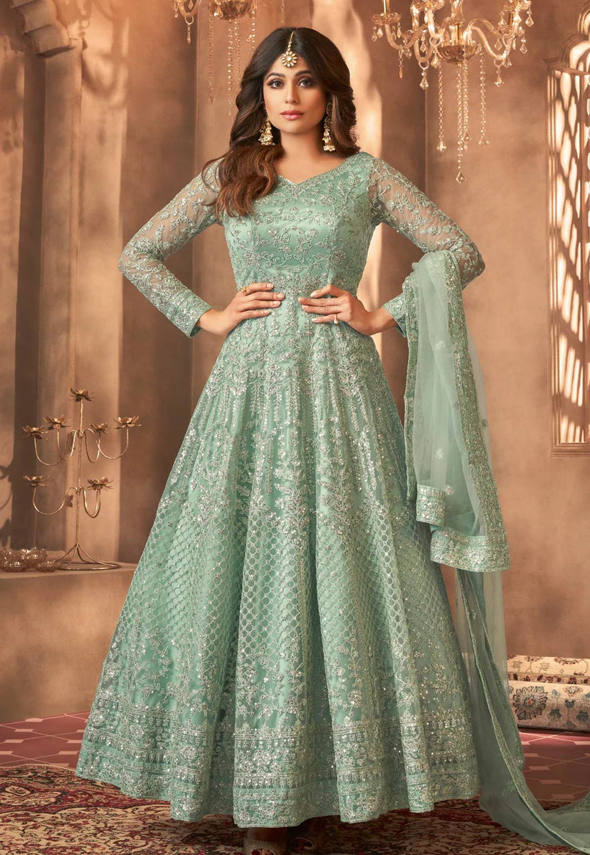 Mint Green Heavy Embroidered Anarkali ...